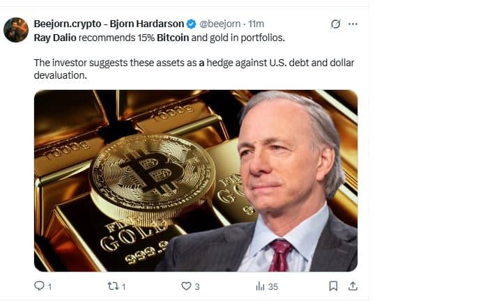 Dette américaine Ray Dalio recommande d’allouer 15 % à Bitcoin et à l’or